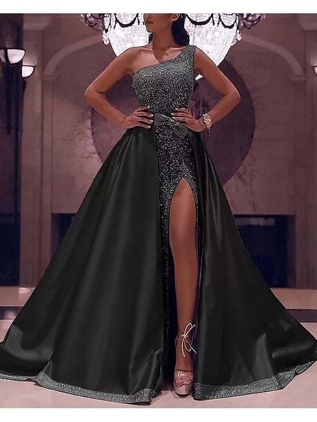 Ball Gown Prom Dresses Sparkly Sexy Dress Evening Party Floor Length Sleeveless One Shoulder Detachable Satin with Bow(s) Sequin Slit 2023 - LuckyFash™