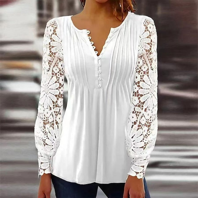 Women's Shirt Lace Shirt Blouse Plain Casual Daily Vacation Lace Patchwork Black Long Sleeve Elegant Fashion Basic V Neck Spring Fall