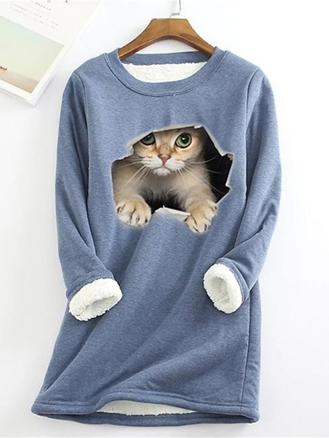 Women's Sweatshirt Pullover Sherpa Fleece Teddy Denim Blue Black White Cat Street Round Neck Plus Size Long Sleeve - LuckyFash™