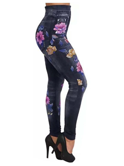 Women's Slim Cotton Flower Black Blue Fashion High Waist Full Length Street Causal Fall Winter