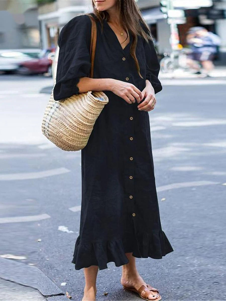 Women's Shirt Dress Casual Dress Cotton Linen Dress Midi Dress Ruffle Button Basic Daily Shirt Collar 3/4 Length Sleeve Summer Spring Black Navy Blue Plain