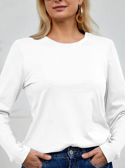 100% Cotton Women's T Shirt White Basic Long Sleeve Tee Casual Tops Round Neck Regular