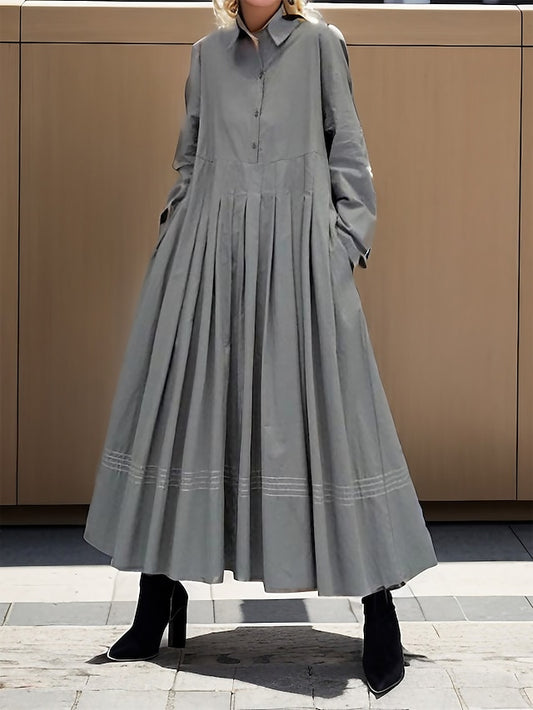 Women's Shirt Dress Casual Dress Swing Dress Maxi long Dress Outdoor Daily Vacation Polyester Fashion Classic Shirt Collar Pleated Button Long Sleeve Fall Winter 2023 Loose Fit Gray Pure Color M