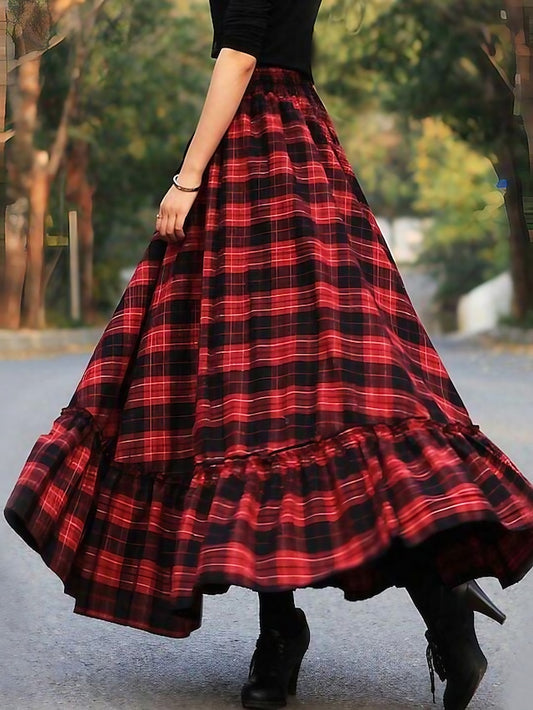 Women's Skirt Swing Work Skirts Long Skirt Maxi Skirts Ruffle Print Plaid Christmas Daily Autumn / Fall Polyester Cotton Blend Fashion Summer Black Red Fuchsia Gray