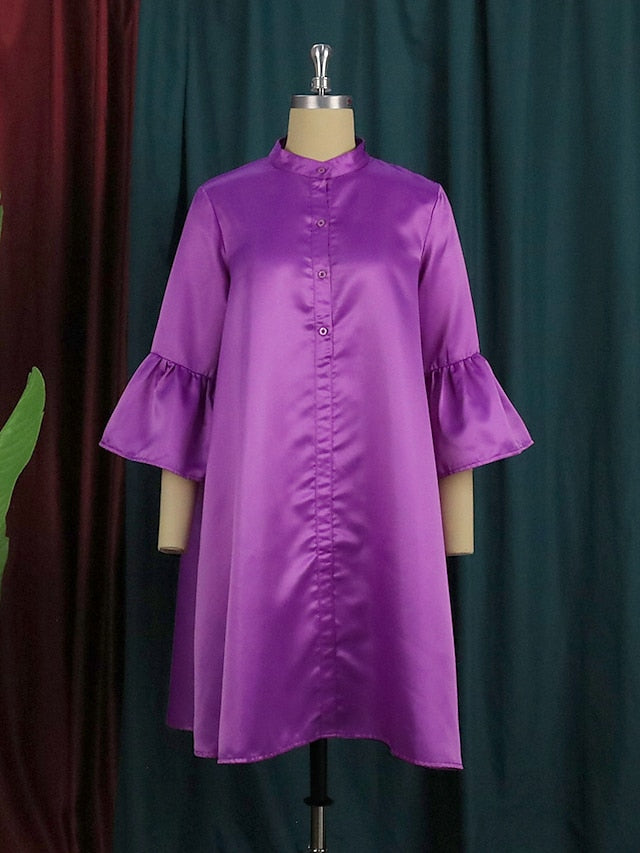 Women's Shirt Dress Knee Length Dress White Purple Yellow 3/4 Length Sleeve Solid Color Ruffle Spring Summer Stand Collar Elegant Casual Loose 2023 S M L XL XXL XXXL - LuckyFash™