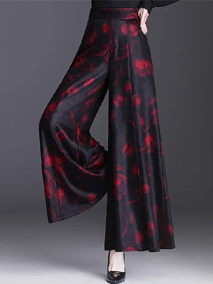 Women‘s Wide Leg Pants Floral Trousers Full Length Vacation Fashion Street Daily Blue flower Red flower M L Fall Winter