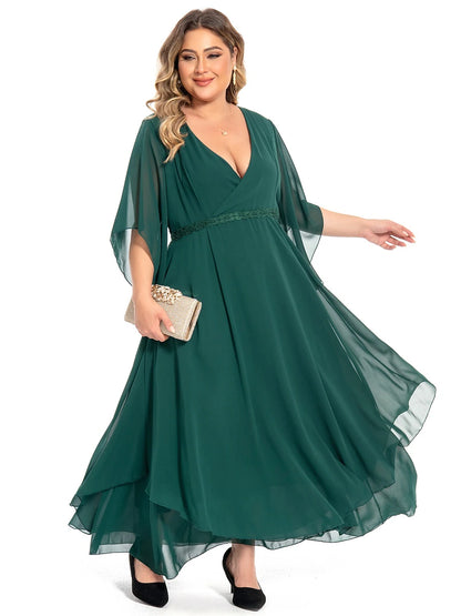 Women‘s Plus Size Curve Casual Dress Swing Dress Plain Long Dress Maxi Dress 3/4 Length Sleeve Layered V Neck Basic Outdoor Dark Green Summer Spring Wedding Guest Dress