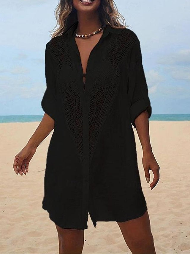 Women's White Dress Shirt Dress Cover Up Mini Dress Cotton Patchwork Button Vacation Beach Hawaiian Shirt Collar Long Sleeve Black White Color