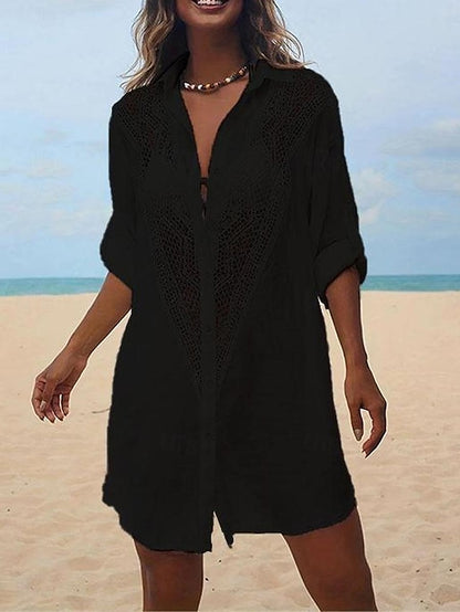 Women's White Dress Shirt Dress Cover Up Mini Dress Cotton Patchwork Button Vacation Beach Hawaiian Shirt Collar Long Sleeve Black White Color