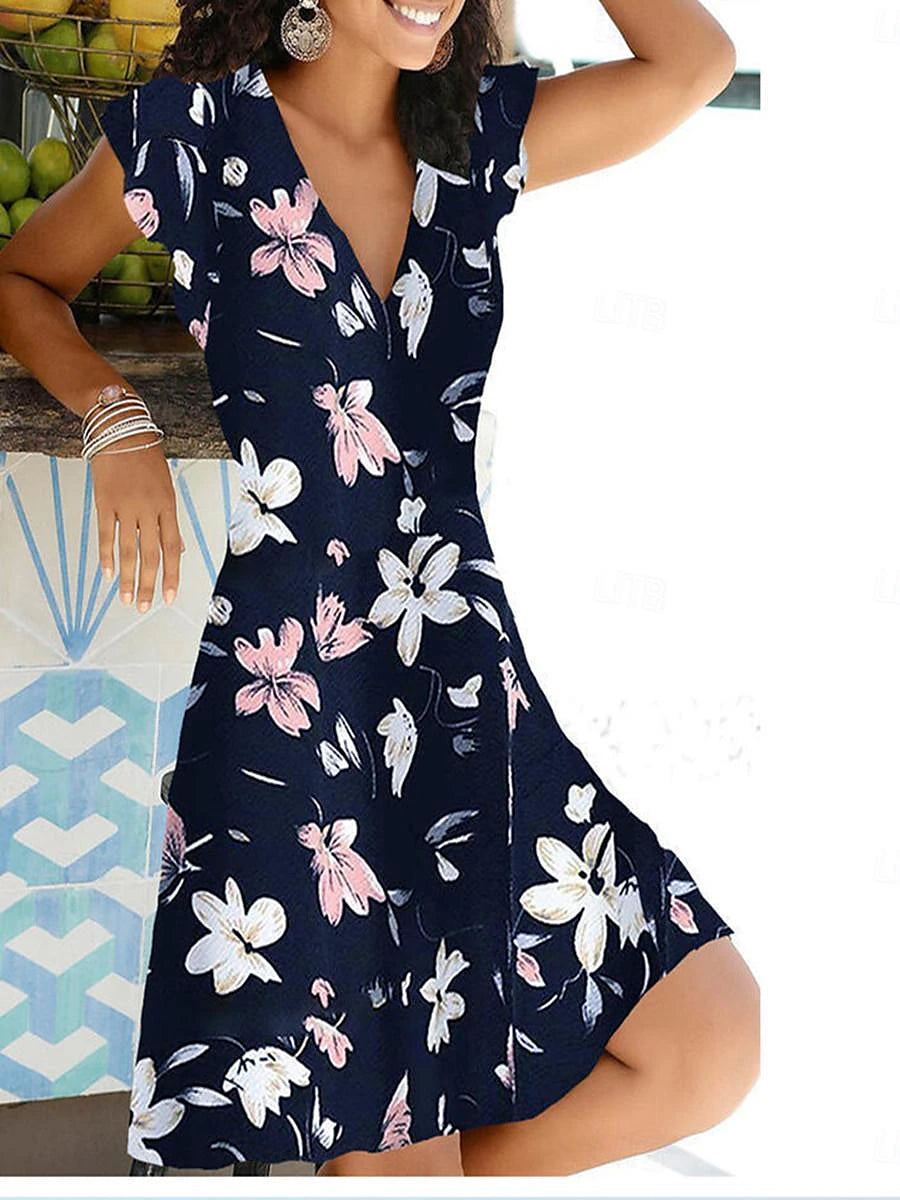 Women's V Neck Flutter Sleeve Mini Dress Short Sleeve Summer Spring