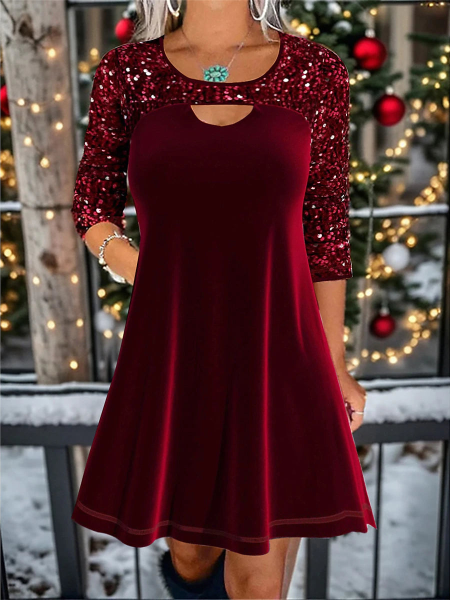 Women's Velvet Dress Sequin Dress Party Dress Velvet Sequins Cut Out Crew Neck Long Sleeve Mini Dress Christmas Birthday Wine Spring Winter