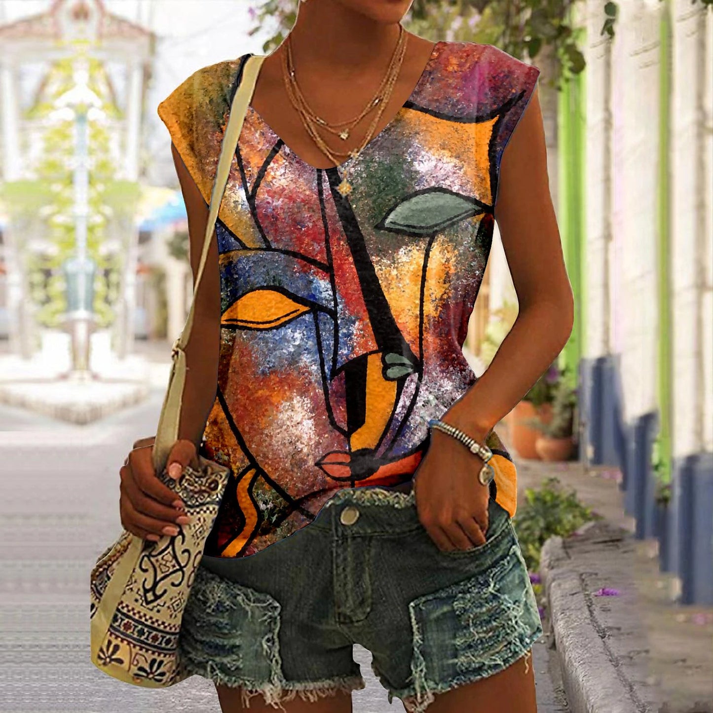 Women's Tank Top Abstract Portrait Holiday Print Red Sleeveless Basic V Neck