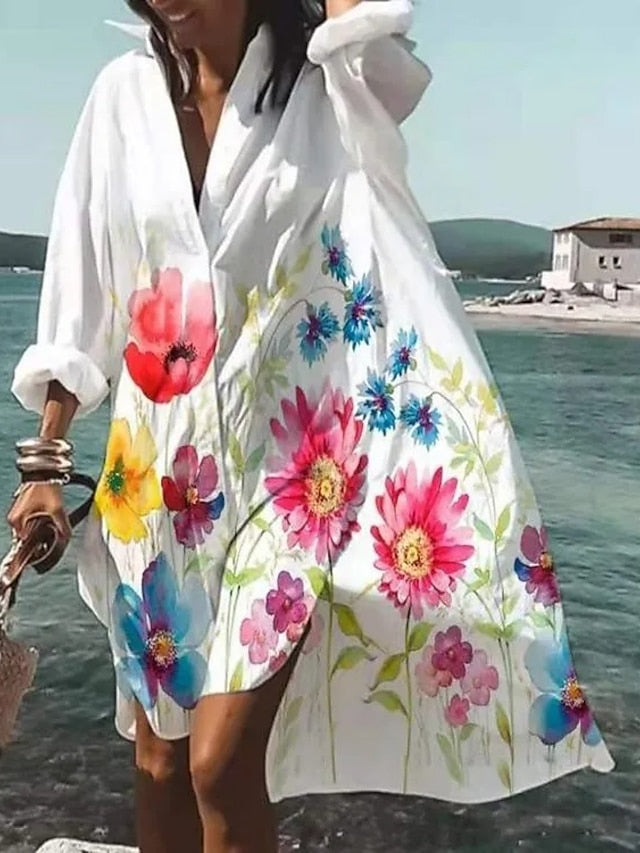 Women's Shirt Dress Print Lapel Mini Dress Elegant Date Vacation Long Sleeve Summer Spring