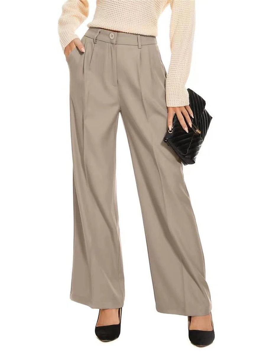 Women's Dress Pants Polyester Solid Color Light Blue Ivory white Elegant High Waist Full Length Office Street Fall Winter
