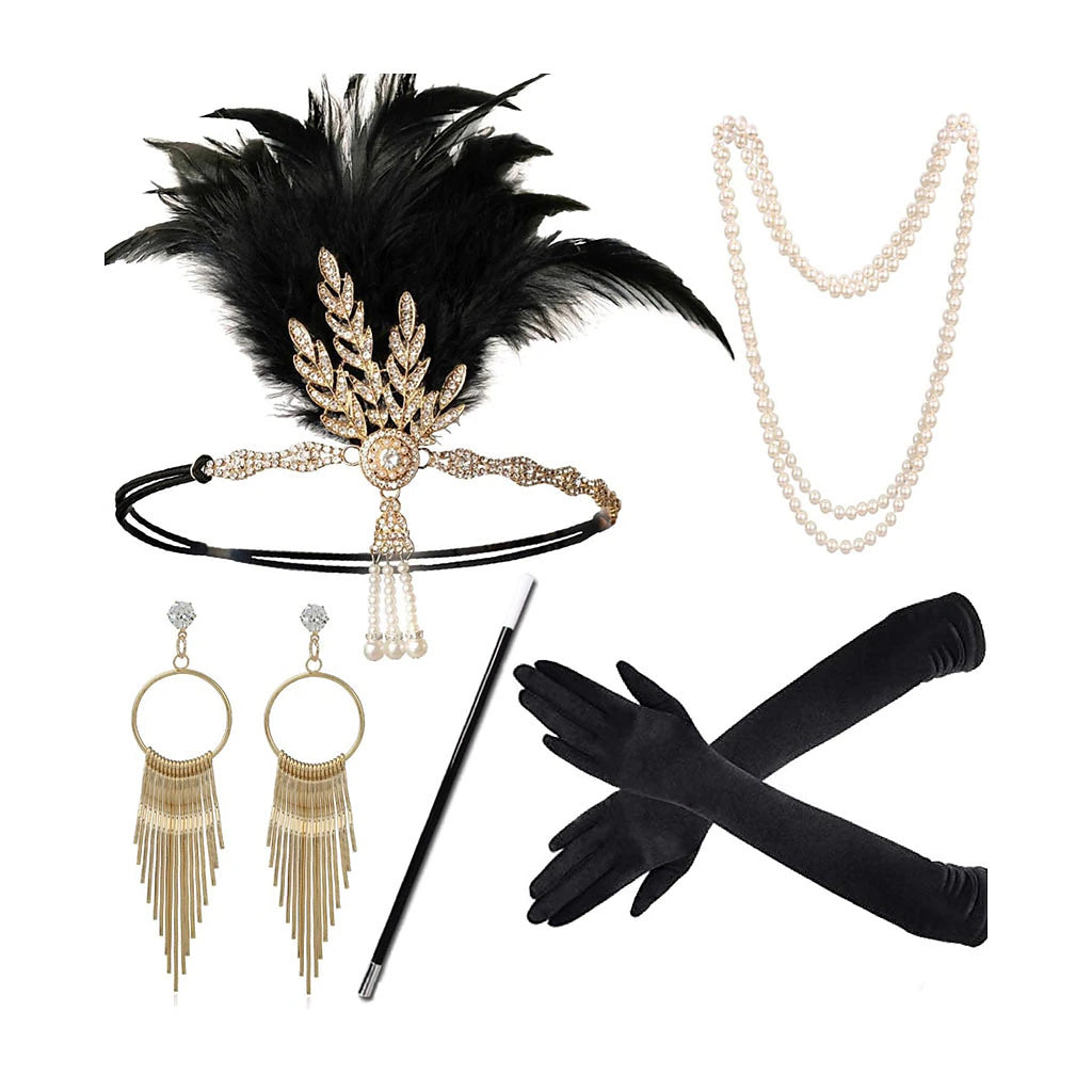 6 Pcs Flapper Dress with Accessories S-4XL Plus Size 1920s Cocktail Dress Feather Headband Earings Necklace Gloves Plastic Cigarette Holder Sequins Tassel Fringe Party Evening Prom Masquerade