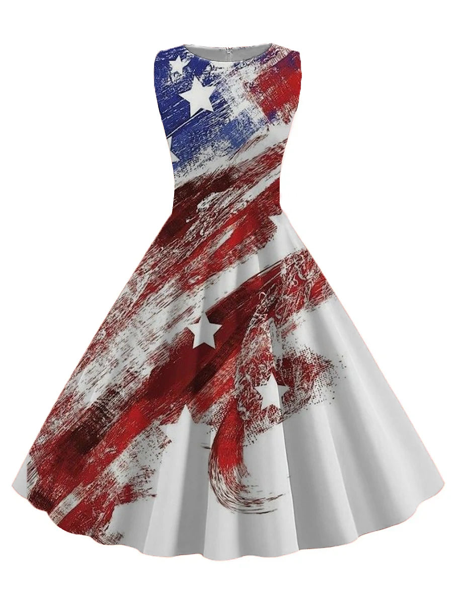 Women's Retro 1950s Vintage Tea Dresses Midi Dress Daily Date Ruched Print American Flag Crew Neck Sleeveless Slim Summer Spring 2023 Black White S M L XL