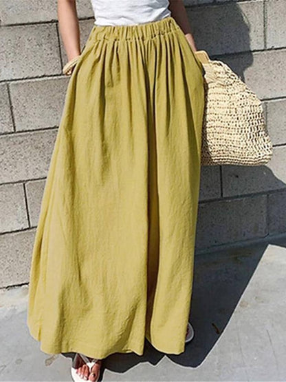 Women's Wide Leg Cotton Linen Plain Black Yellow Basic High Waist Long Daily Wear Vacation Summer Spring