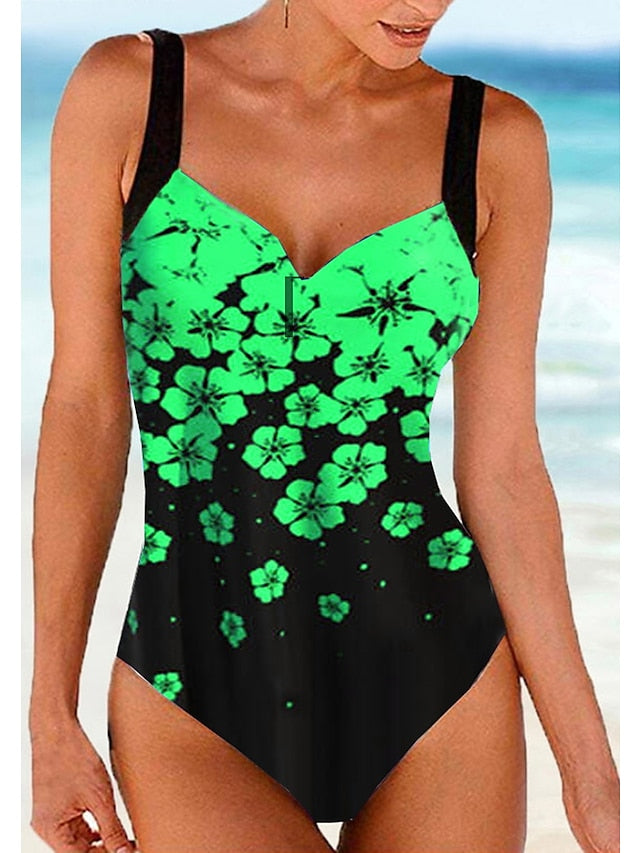 Women's Swimwear One Piece Monokini Bathing Suits Normal Swimsuit High Waisted Floral Print Green Blue Fuchsia Navy Blue Padded V Wire Bathing Suits Sports Vacation Sexy / Strap / New / Strap - LuckyFash™