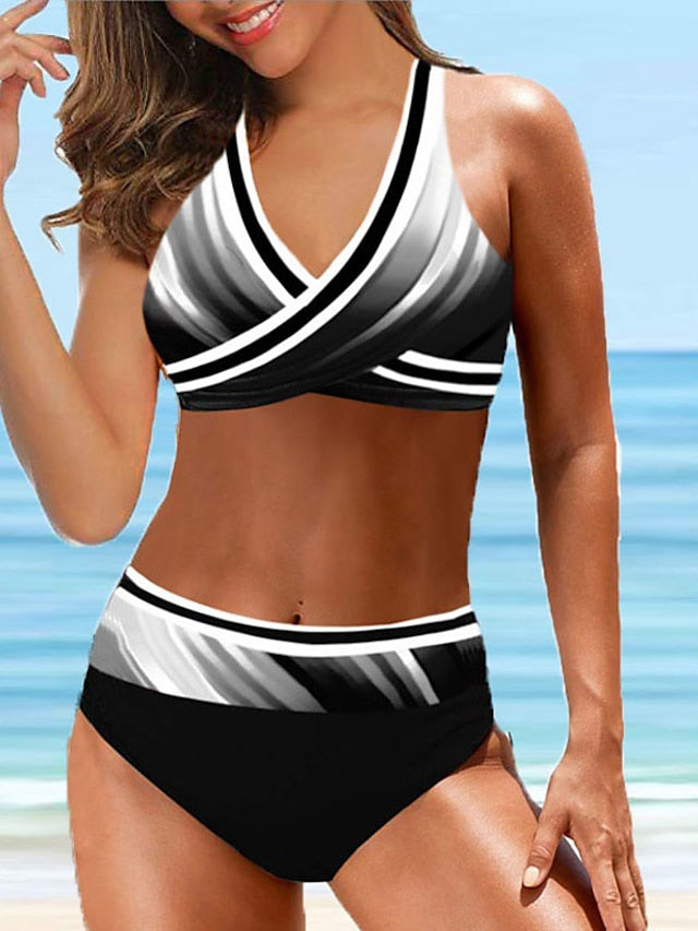 Women's Swimwear Bikini 2 Piece Plus Size Swimsuit Backless Printing High Waisted Geometic Stripes / Ripples Black Purple V Wire Bathing Suits New Stylish Vacation / Sexy / Padded Bras - LuckyFash™