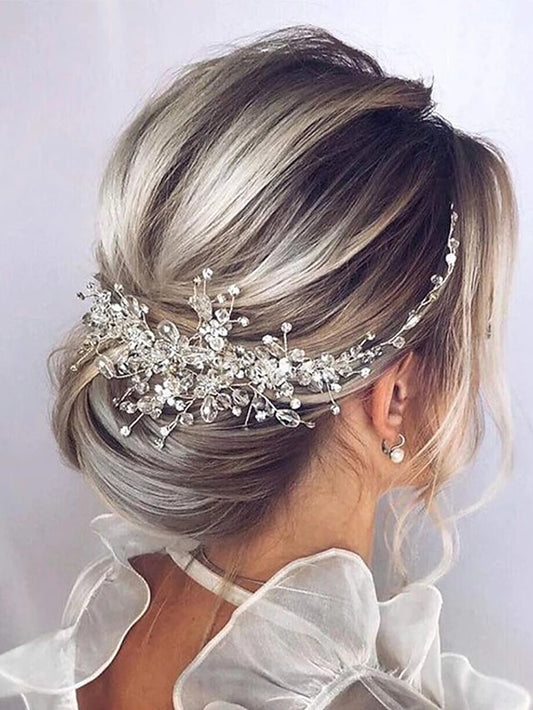 Bride Flower Wedding Hair Vine Crystal Bridal Hair Piece Rhinestone Party Hair Accessories Leaf Hair Jewelry Bead Headpiece for Women and Girls - LuckyFash™