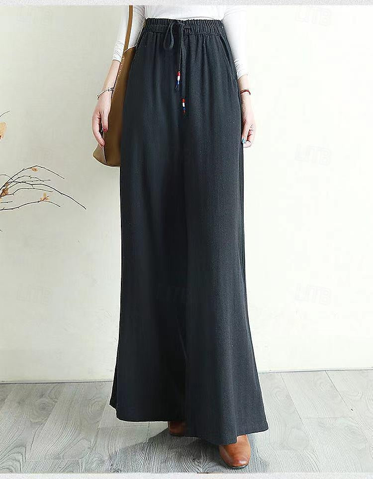 Women's Wide Leg Cotton Linen Shamrock Black White Fashion Full Length Casual Daily Spring & Summer