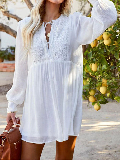 Women's White Dress Lace Dress Casual Dress Mini Dress Lace Patchwork Date Streetwear Basic Crew Neck Long Sleeve White Color