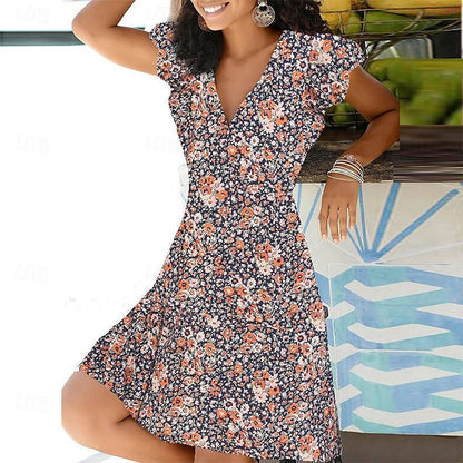 Women's V Neck Flutter Sleeve Midi Dress Short Sleeve Summer Spring