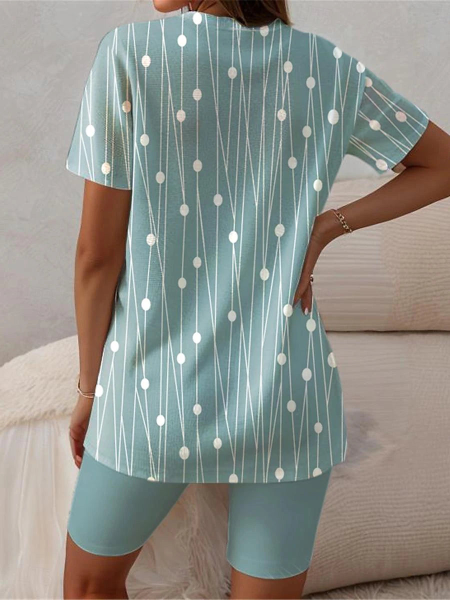 Women's T shirt Tee Shorts Sets Geometric Casual Daily Print Light Green Short Sleeve Fashion V Neck Summer