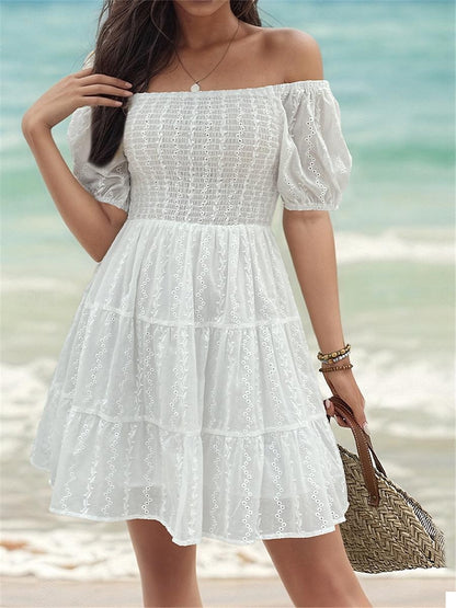 Women's White Dress Casual Dress A Line Dress Mini Dress Cotton Backless Date Vacation Streetwear A Line Off Shoulder Short Sleeve White Color