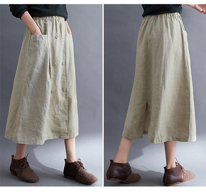 Women's Skirt A Line Long Skirt Linen Skirts Midi Skirts Pocket Split Ends Solid Colored Street Daily Spring & Summer Cotton Linen coastal grandma style Basic Casual Long Black Brown Green Apricot