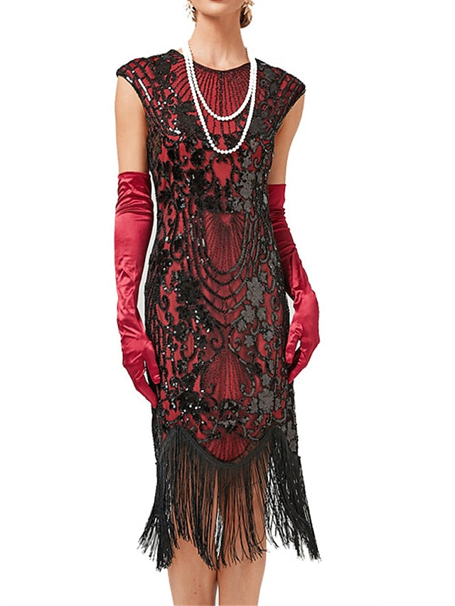 Women's Sequins Tassel Fringe Sequin Dress Midi Dress Elegant Floral Crew Neck Short Sleeve Party Halloween Summer Spring Black Gold Red