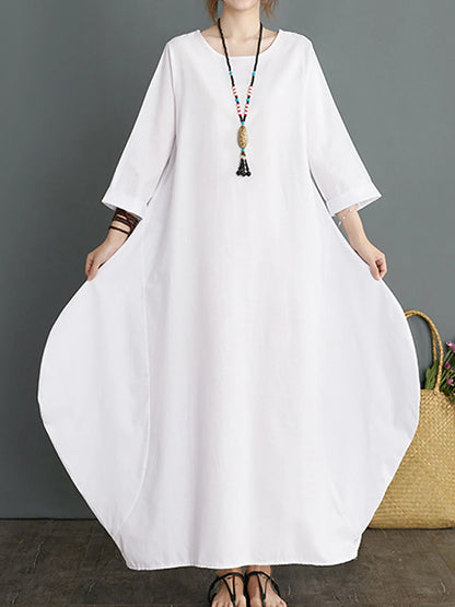 Women's White Dress Casual Dress Winter Dress Long Dress Maxi Dress Cotton Pocket Vacation Streetwear Crew Neck Long Sleeve Black White Red Color