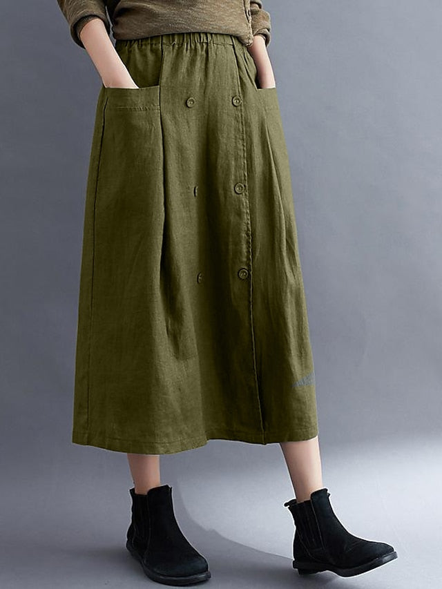 Women's Skirt A Line Long Skirt Linen Skirts Midi Skirts Pocket Split Ends Solid Colored Street Daily Spring & Summer Cotton Linen coastal grandma style Basic Casual Long Black Brown Green Apricot