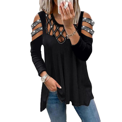 Women's Shirt Tunic Going Out Tops Blouse Cotton Plain Daily Weekend Cut Out Flowing tunic Rhinestone Cold Shoulder Black Long Sleeve Streetwear Casual Round Neck Spring Fall