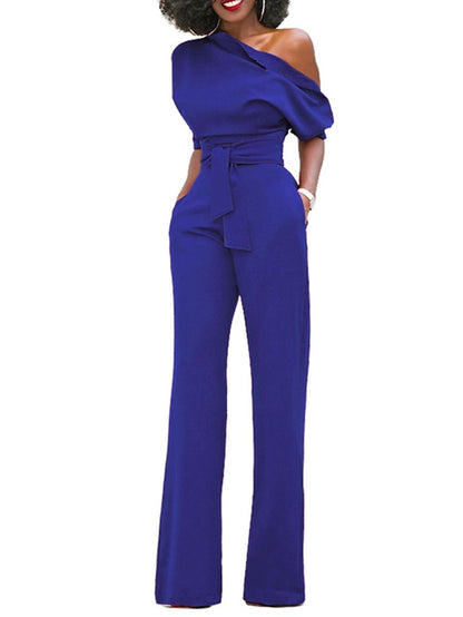 Jumpsuits for Women Summer Dressy Pocket High Waist Solid Color One Shoulder Elegant Party Street Regular Fit Half Sleeve Black Blue Yellow S M L Winter - LuckyFash™