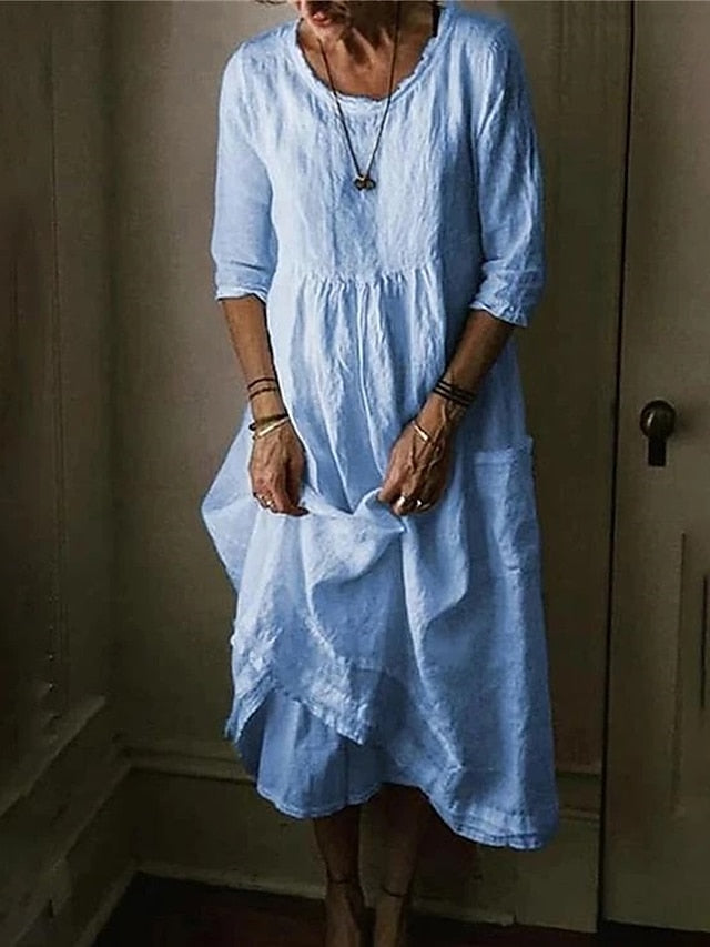 Women's Cotton Linen Dress Casual Dress Maxi long Dress Cotton Basic Casual Outdoor Daily Vacation Crew Neck Pocket Half Sleeve Summer Spring 2023 Loose Fit Black Yellow Blue Plain S M L XL 2XL - LuckyFash™