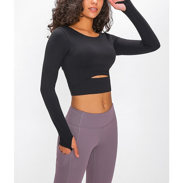 Women's Running T-Shirt Crop Top Solid Color Yoga Fitness Thumbhole Cut Out Crop Top Black White Pink Crew Neck Long Sleeve High Elasticity Spring &  Fall