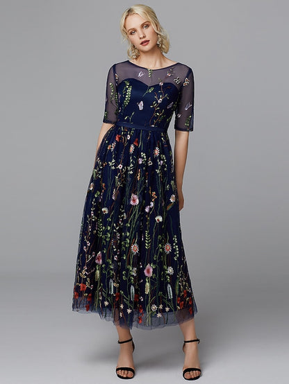 A-Line Floral Dress Holiday Tea Length Half Sleeve Illusion Neck Lace with Embroidery Appliques 2023 - LuckyFash™