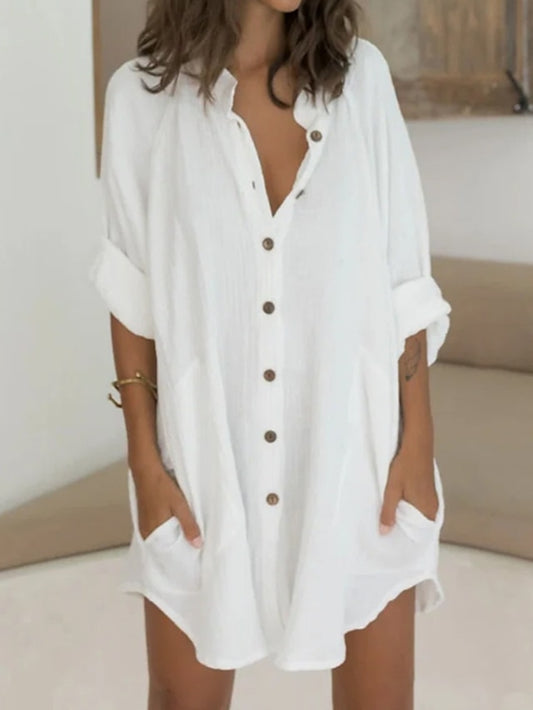 Women's Shirt Dress Casual Dress Mini Dress White Green Long Sleeve Pure Color Button Fall Spring Summer Shirt Collar Basic Daily Fall Dress Loose Fit 2023 M L XL 2XL 3XL - LuckyFash™