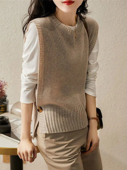 Women's Sweater Vest Crew Neck Ribbed Knit Cotton Spandex Yarns Button Oversized Summer Fall Outdoor Daily Going out Stylish Casual Soft Sleeveless Solid Color Brown Khaki Beige One-Size