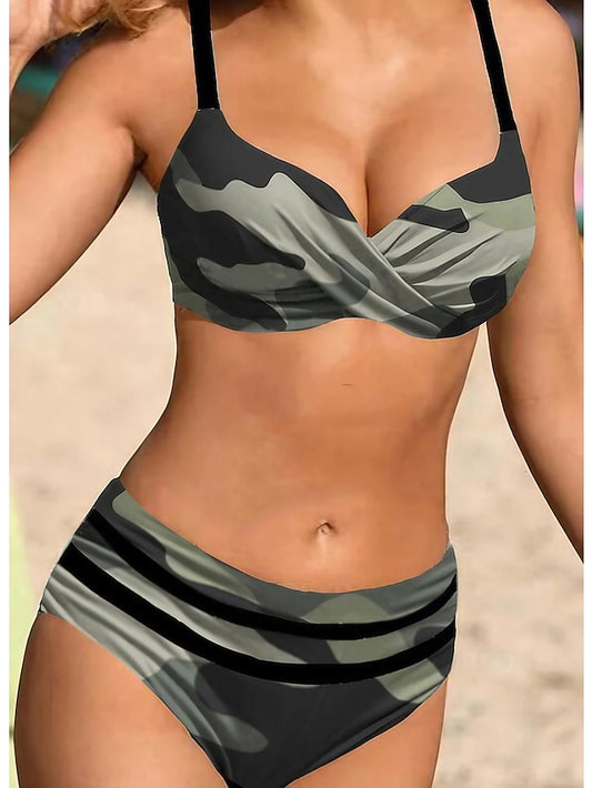 Women's Swimwear Bikini Bathing Suits 2 Piece Normal Swimsuit High Waisted Camouflage Gray Padded V Wire Bathing Suits Sports Vacation Sexy / Strap / New / Strap - LuckyFash™