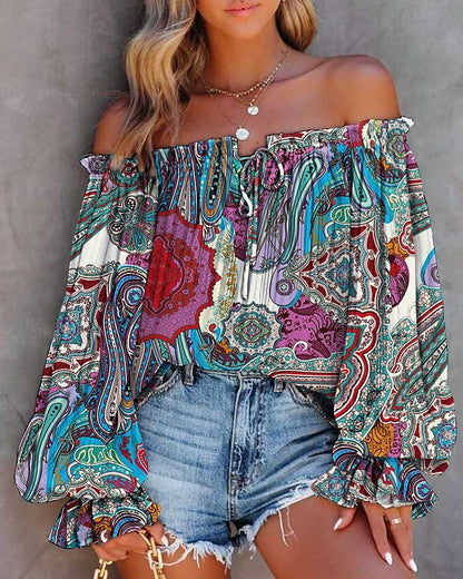 Women's Shirt Boho Shirt Lace Shirt Going Out Tops Floral Graphic Casual Holiday Lace up Ruffle Print Lantern Sleeve Red Long Sleeve Elegant Fashion Basic Off Shoulder Spring Fall