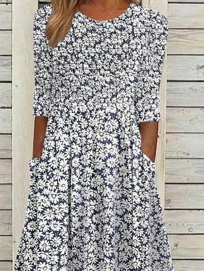 Women's Casual Dress Floral Dress Summer Dress Floral Ruched Pocket Crew Neck Midi Dress Fashion Modern Outdoor Daily Half Sleeve Regular Fit White Blue Green Summer Spring S M L XL XXL - LuckyFash™