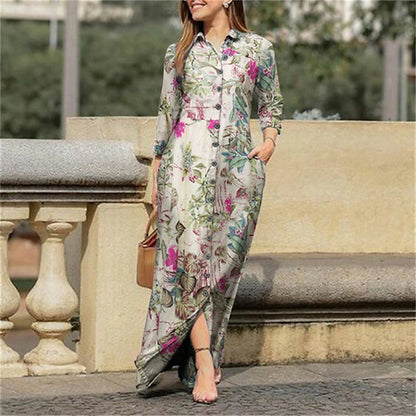 Women's Shirt Dress Casual Dress Linen Dress Maxi long Dress Winter Dress Daily Holiday Cotton Linen Modern Casual Shirt Collar Pocket Print Long Sleeve Summer Spring Fall 2023 Regular Fit Yellow