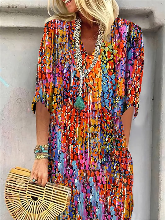 Women's Shift Dress Color Block Print Split Neck Midi Dress Daily Date Half Sleeve Summer Spring