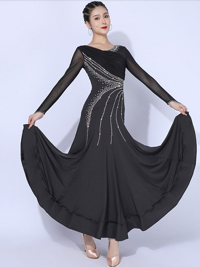 Ballroom Dance Dress Splicing Crystals / Rhinestones Women's Training Performance Long Sleeve Mesh Spandex Polyester - LuckyFash™