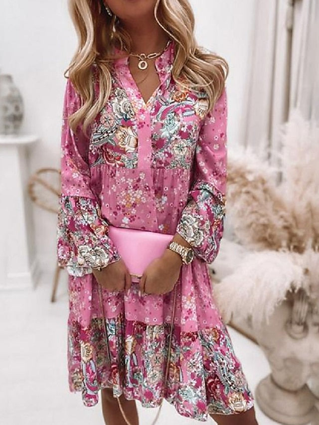 Womenâ€˜s Shift Dress BohoÂ Dress Knee Length Dress Pink Long Sleeve Floral Ruffle Smocked Print Summer Spring V Neck Boho Casual Flare Cuff Sleeve 2023 4XL - LuckyFash™