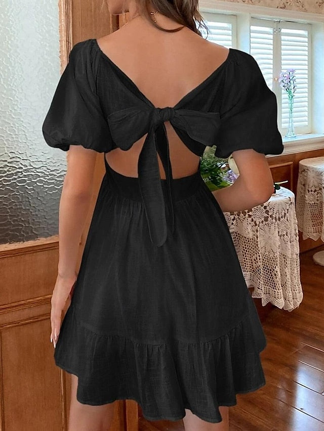 Women's White Dress Casual Dress Swing Dress Mini Dress Backless Bow Date Vacation Streetwear A Line Square Neck Short Sleeve Black White Color