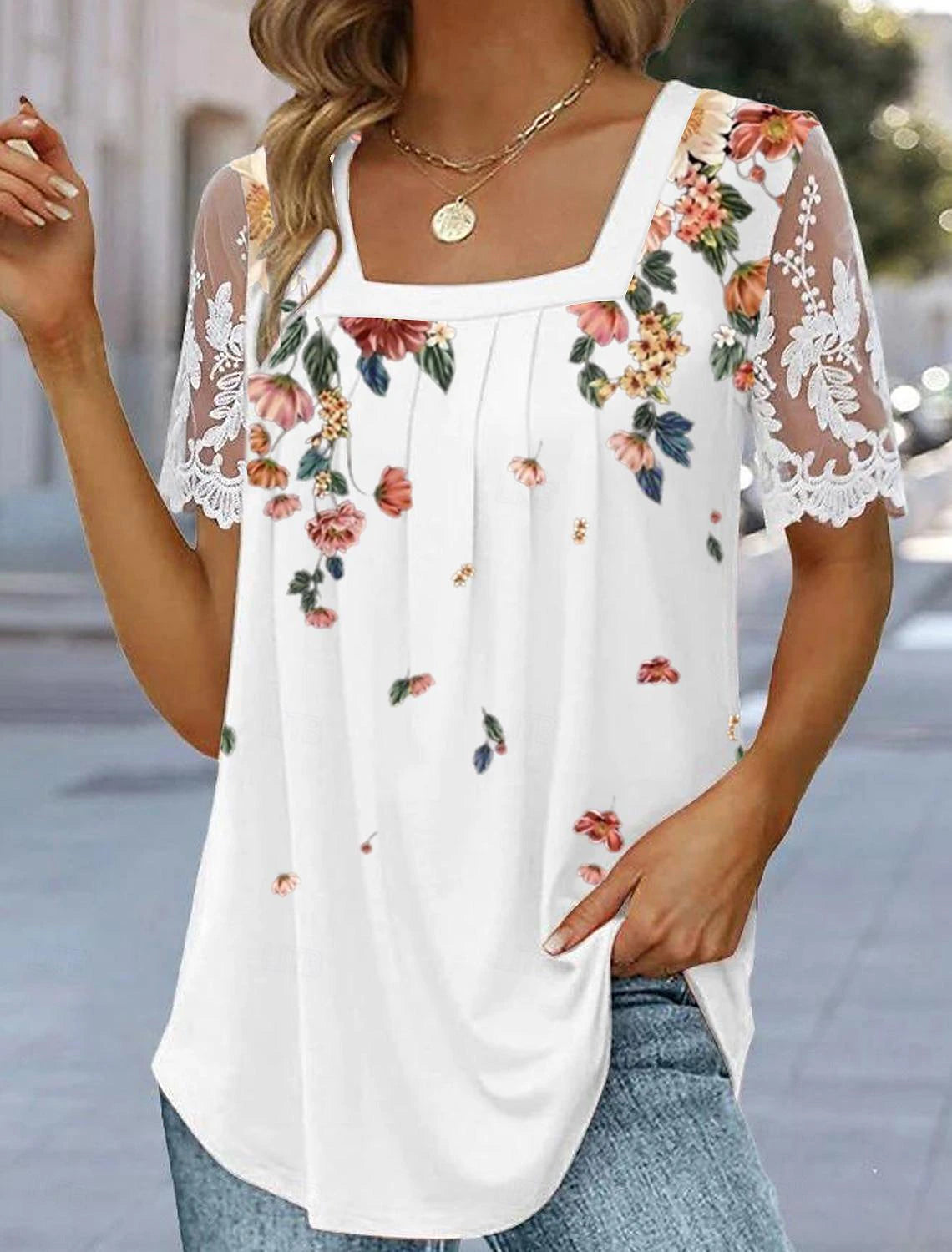 Women's T shirt Tee Lace T-shirt Mesh Patchwork Top Floral Holiday Weekend Lace Print White Short Sleeve Basic Square Neck