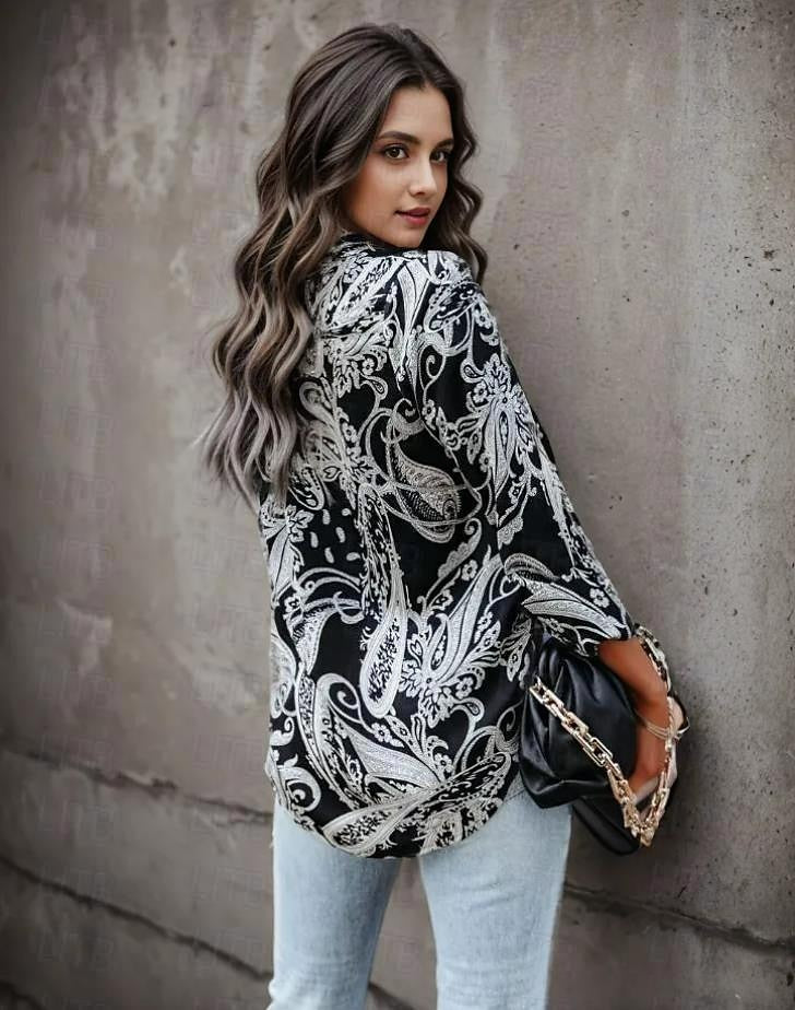 Women's Shirt Blouse Paisley Casual Button Print Black Long Sleeve Fashion Shirt Collar Spring &  Fall